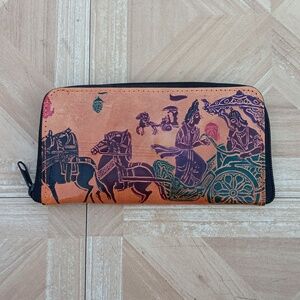 leather Indian embossed chariot scene zipper wallet